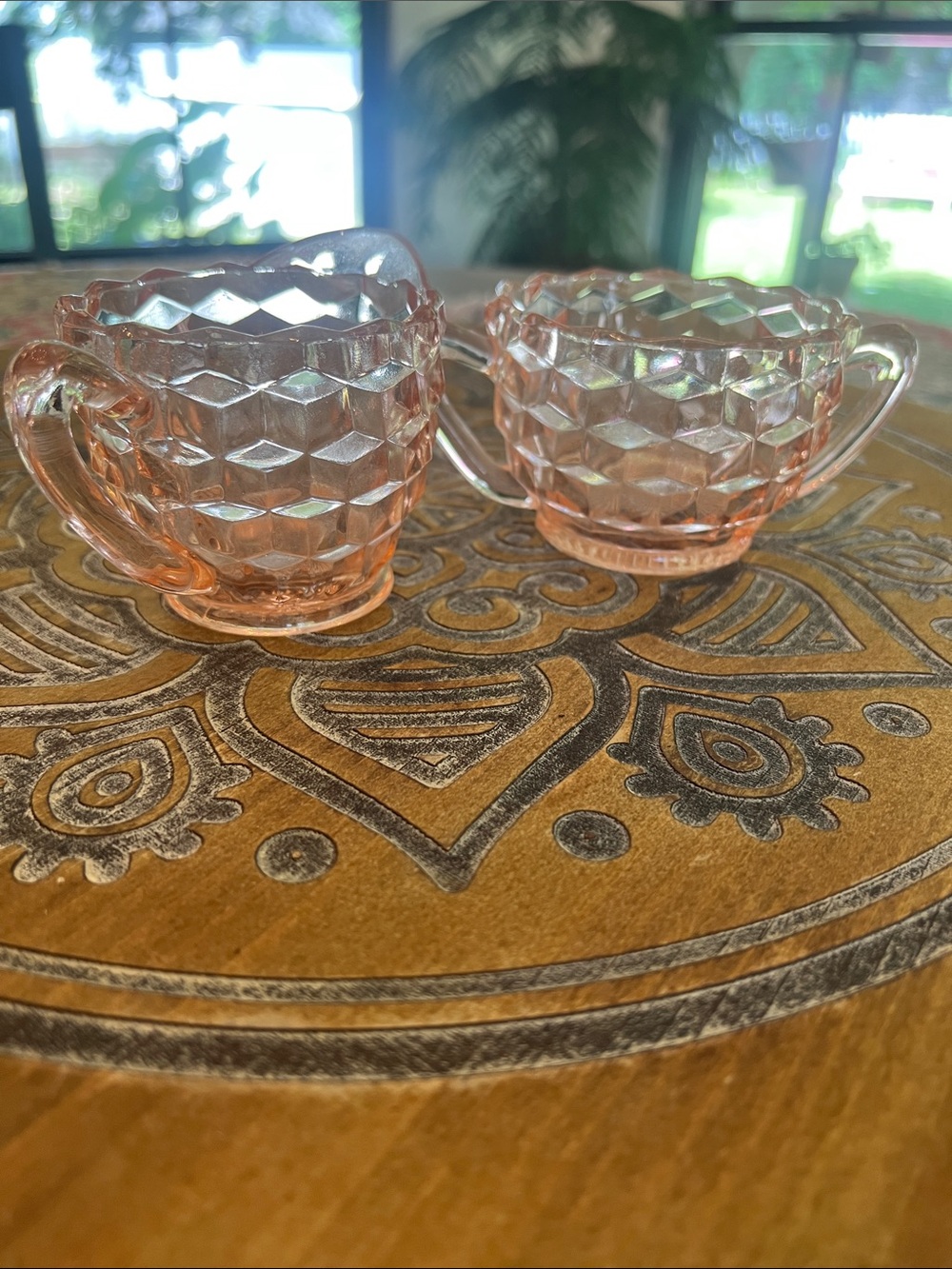 Depression Glass Vintage Pink Pressed Glass Creamer and Sugar Set - Pink